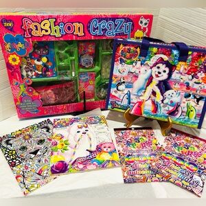 Vintage Lisa Frank lot: Fashion Beauty Set, binder, stickers, coloring books